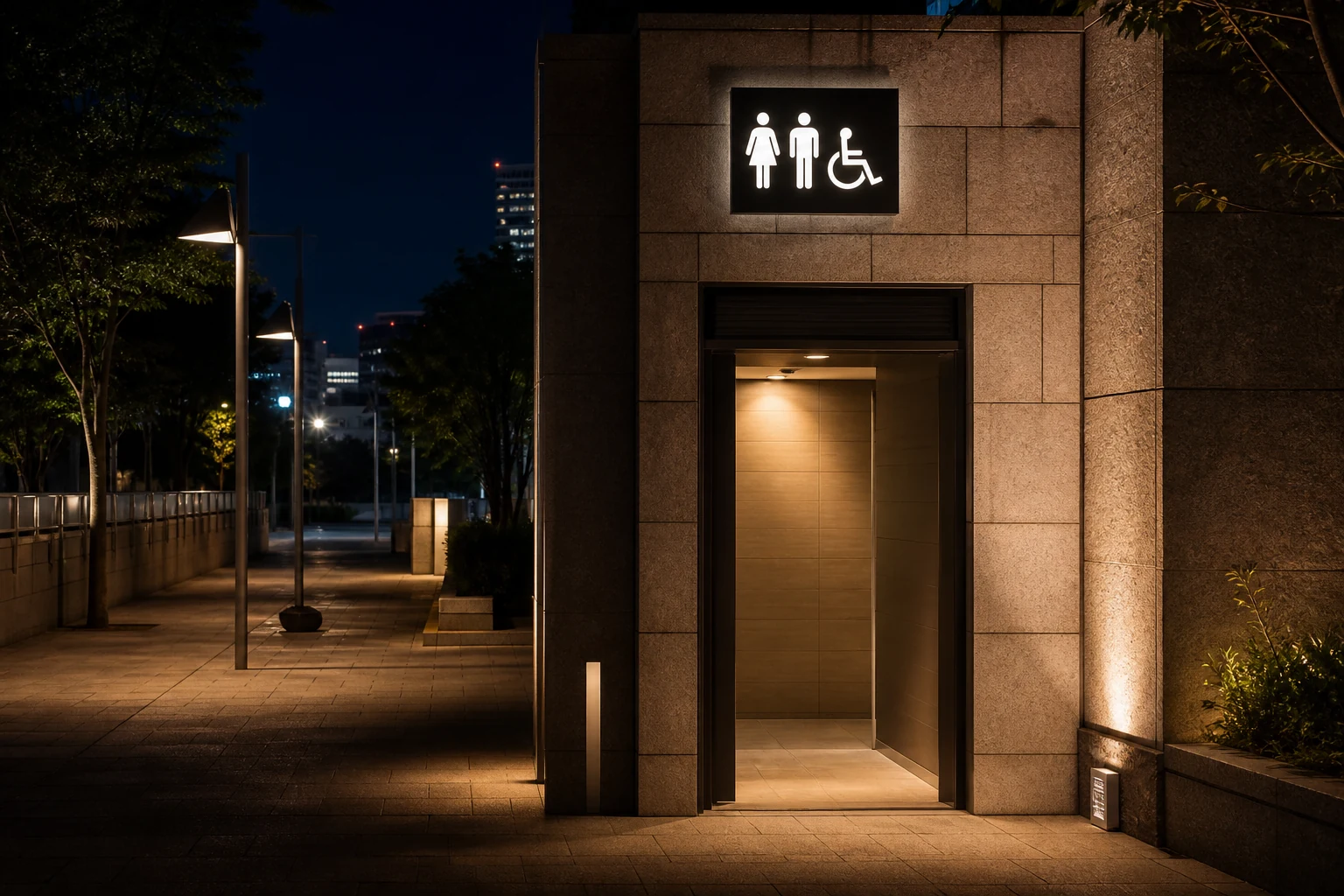 야간 도시 거리에서 조명이 켜진 공중화장실 입구와 야광 안내 표지